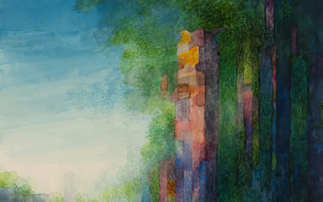 Aquarellmalerei einer überwucherten Ruine mit üppigem Grün